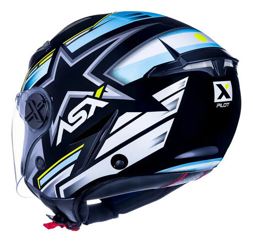 Capacete Aberto ASX City Air Pilot Preto Azul Amarelo Brilhante