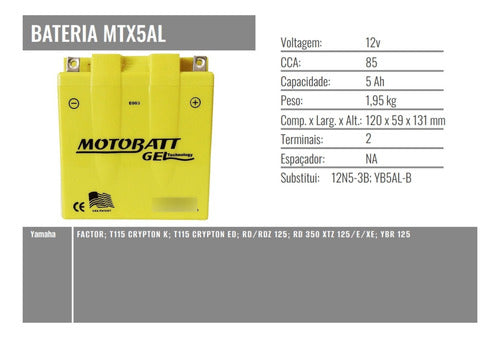 Bateria Motobatt MTX5AL AGM 12V 5Ah Yamaha Crypton 115 Factor Xtz Rd 125 Factor 150 Rd 350