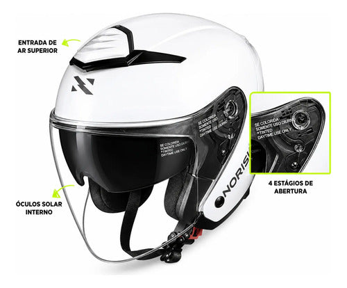 Capacete Aberto Norisk City Solid com Óculos Solar Interno Branco Brilhante