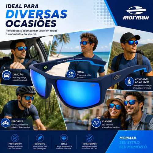 Óculos De Sol Mormaii Solar Joaca 4 Azul Fosco Com Detalhes Azuis Lente Espelhada Azul Curvado