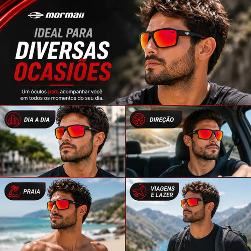 Óculos De Sol Mormaii Joaca 4 Armação Preto Fosco Com Detalhes Vermelhos Lente Espelhado Vermelha