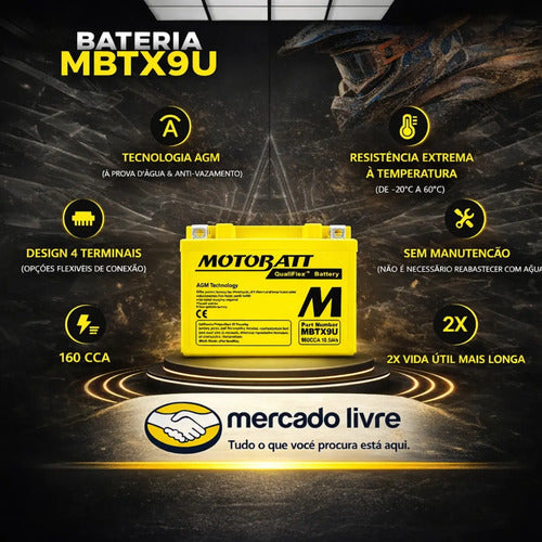Bateria Motobatt MBTX9U AGM 12V 10,5Ah Honda Cb 500 Africa Twin 1000 Suzuki Bandit 650