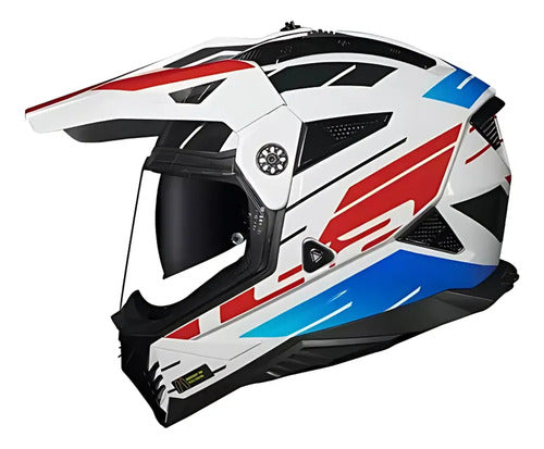 Capacete LS2 MX702 Pioneer II Namib com Óculos Solar Interno Branco Azul Vermelho