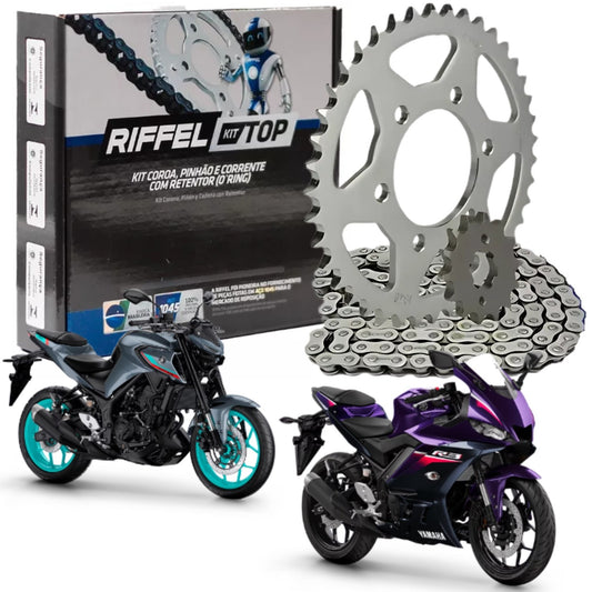 KIT RELAÇÃO RIFFEL COM RETENTOR YAMAHA MT-03 YZF R3 2016 A 2024