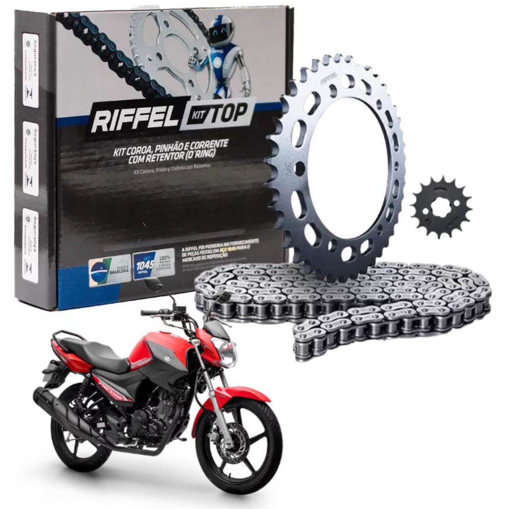 KIT RELAÇÃO RIFFEL COM RETENTOR YAMAHA FAZER 150 2014 A 2024 FACTOR 125I 150 2016 A 2024