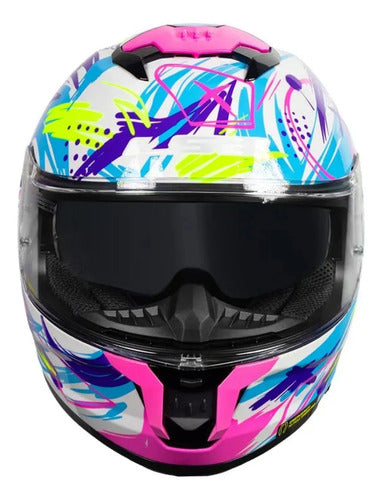 Capacete LS2 FF808 Stream II Scratches com Óculos Solar Interno Branco Roxo Rosa Fosco