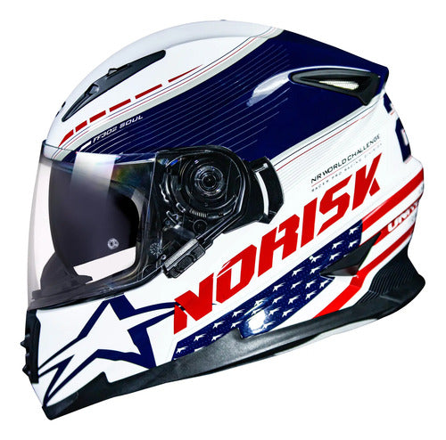 Capacete Norisk FF302 Grand Prix USA com Óculos Solar Interno Branco Azul Brilhante Tamanho 58/M