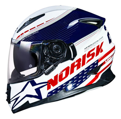 Capacete Norisk FF302 Grand Prix USA com Óculos Solar Interno Branco Azul Brilhante Tamanho 58/M