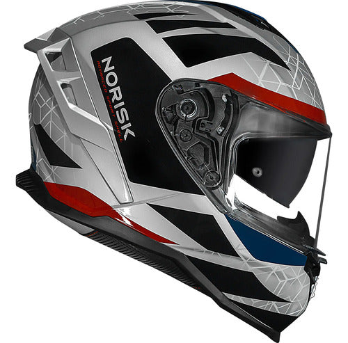 Capacete Norisk Strada II Evoque com Óculos Solar Interno Prata Vermelho Azul