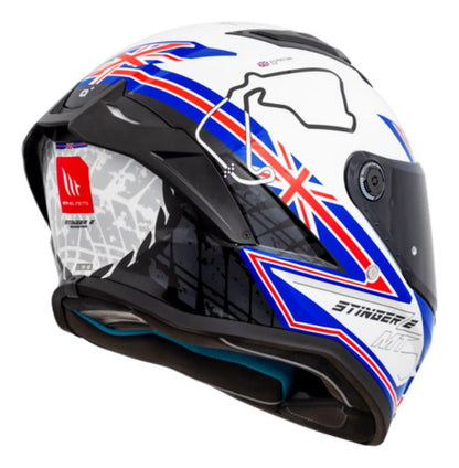 Capacete MT Helmets Stinger 2 Grand Prix Reino Unido Branco Azul Vermelho Brilhante