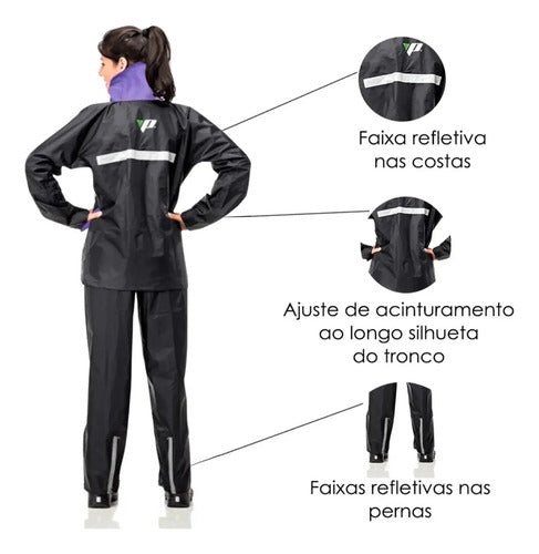 Capa de Chuva Conjunto Pantaneiro Nylon com Gola Feminina Preto Lilás
