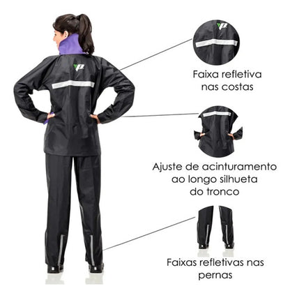 Capa de Chuva Conjunto Pantaneiro Nylon com Gola Feminina Preto Lilás
