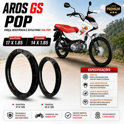 Par de Aros de Roda GS Monaco Honda Pop 100 Pop 110i 1.85x17 1.85x14 Preto Brilhante