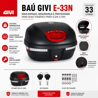Bauleto Baú Traseiro Givi E33N Point Monolock 33 Litros Lente Vermelha