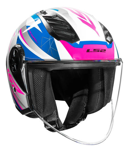 Capacete Aberto LS2 OF616 Airflow II Draze com Spoiler Branco Azul Rosa Brilhante