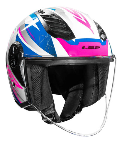 Capacete Aberto LS2 OF616 Airflow II Draze com Spoiler Branco Azul Rosa Brilhante