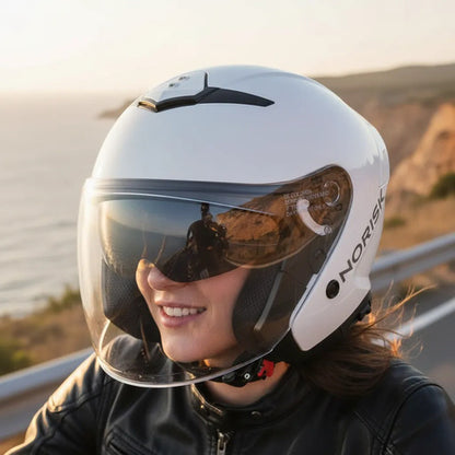 Capacete Aberto Norisk City Solid com Óculos Solar Interno Branco Brilhante