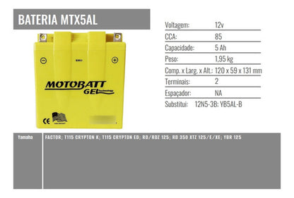 Bateria Motobatt MTX5AL AGM 12V 5Ah Yamaha Crypton 115 Factor Xtz Rd 125 Factor 150 Rd 350