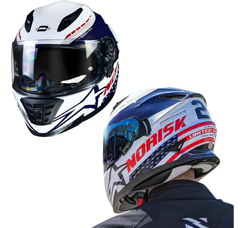 Capacete Norisk FF302 Grand Prix USA com Óculos Solar Interno Branco Azul Brilhante Tamanho 58/M