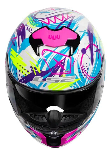 Capacete LS2 FF808 Stream II Scratches com Óculos Solar Interno Branco Roxo Rosa Fosco