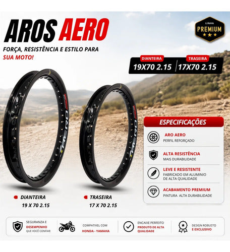 Par de Aros de Roda Aero Slim Monaco Honda Bros 160 Xre 190 19x70 2.15 e 17x70 2.15 Preto Brilhante