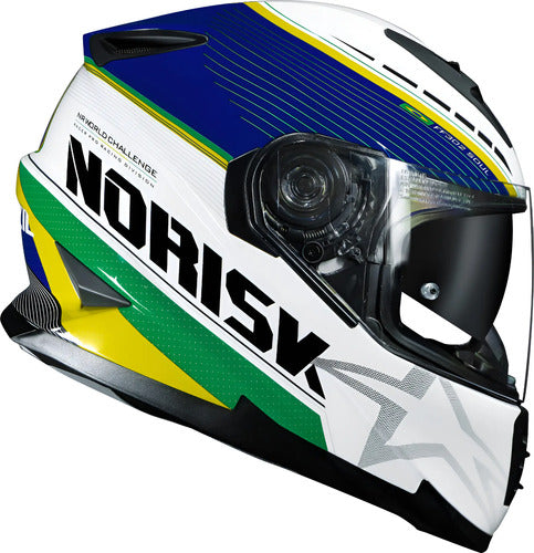 Capacete Norisk FF302 Grand Prix Brasil com Óculos Solar Interno Branco Brilhante