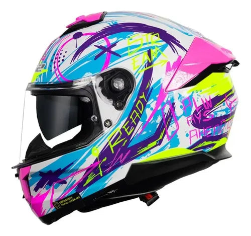 Capacete LS2 FF808 Stream II Scratches com Óculos Solar Interno Branco Roxo Rosa Fosco