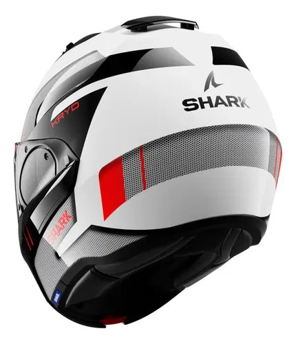 Capacete Escamoteável Shark Evo-ES Kryd com Óculos Solar Interno Branco Preto Vermelho