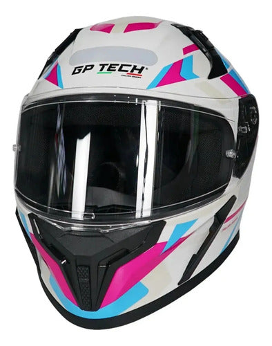 Capacete GP Tech Sense Motion Branco Azul Rosa Brilhante Tamanho 60