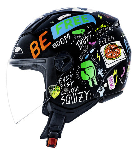 Capacete Aberto Norisk Orion Free Preto Laranja Branco Brilhante