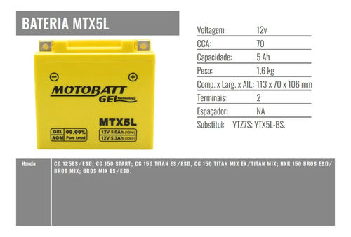 Bateria Motobatt MTX5L AGM 12V 5Ah Yamaha Fazer Factor Crosser 150 Honda Cg 150 160 Titan Fan Start