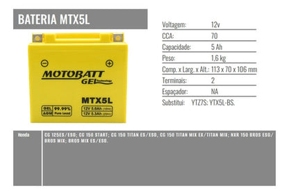 Bateria Motobatt MTX5L AGM 12V 5Ah Yamaha Fazer Factor Crosser 150 Honda Cg 150 160 Titan Fan Start