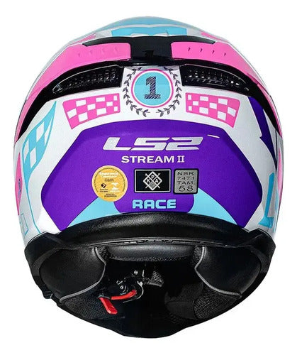 Capacete LS2 FF808 Stream II Race com Óculos Solar Interno Branco Roxo Rosa Brilhante