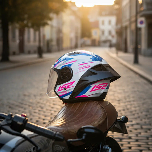 Capacete Aberto LS2 OF616 Airflow II Draze com Spoiler Branco Azul Rosa Brilhante