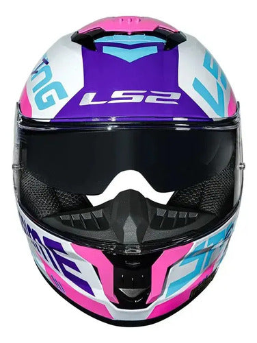 Capacete LS2 FF808 Stream II Race com Óculos Solar Interno Branco Roxo Rosa Brilhante