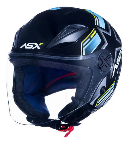 Capacete Aberto ASX City Air Pilot Preto Azul Amarelo Brilhante
