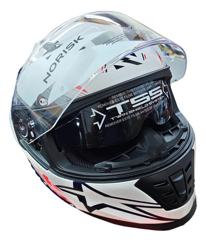 Capacete Norisk FF302 Soul II Grand Prix USA com Óculos Solar Interno Branco Brilhante