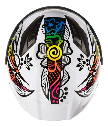 Capacete ASX City Flowers Branco Preto Colorido Brilhante