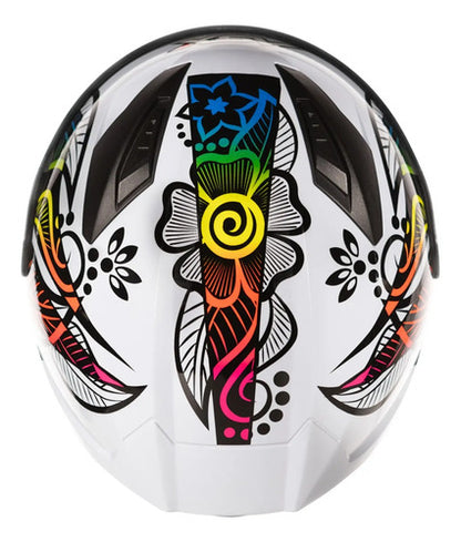 Capacete ASX City Flowers Branco Preto Colorido Brilhante