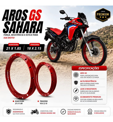 Par de Aros de Roda GS Monaco Honda Xre Sahara Tornado 300 1.85x21 e 2.15x18 Vermelho
