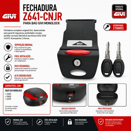 Fechadura com Dobradiça e 2 Chaves Givi Z641N para Baú E350 E450 E470