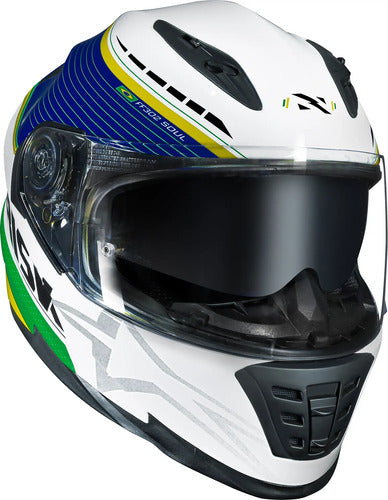 Capacete Norisk FF302 Grand Prix Brasil com Óculos Solar Interno Branco Brilhante