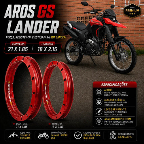 Par de Aros de Roda GS Monaco Yamaha Lander 250 2018 a 2026 1.85x21 e 2.15x18 Vermelho