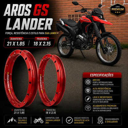 Par de Aros de Roda GS Monaco Yamaha Lander 250 2018 a 2026 1.85x21 e 2.15x18 Vermelho