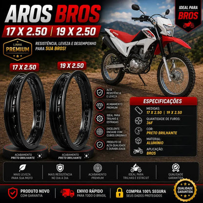 Par de Aros de Roda Motard Monaco Honda Bros 125 150 160 2.50x19 e 2.50x17 Preto Brilhante
