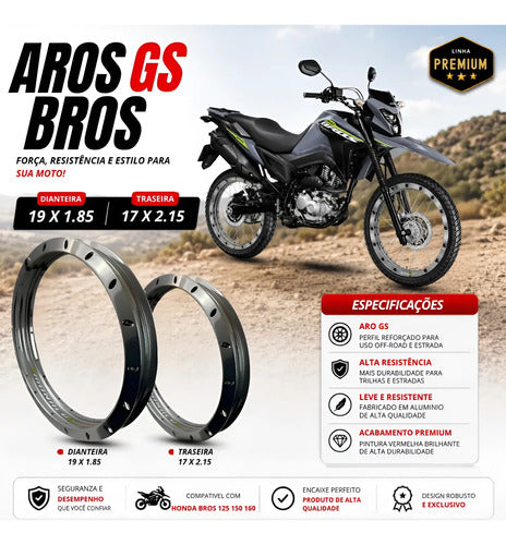 Par de Aros de Roda GS Monaco Honda Bros 125 150 160 1.85x19 e 2.15x17 Prata Cromado