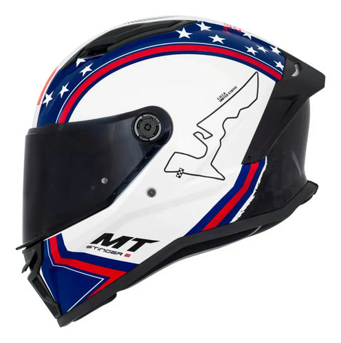 Capacete MT Helmets Stinger 2 Grand Chelem USA Azul Branco Vermelho Brilhante Tamanho 60