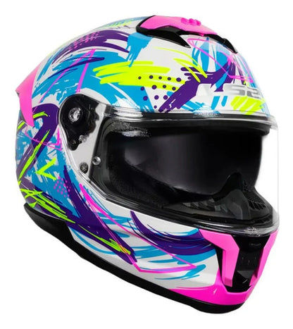 Capacete LS2 FF808 Stream II Scratches com Óculos Solar Interno Branco Roxo Rosa Fosco
