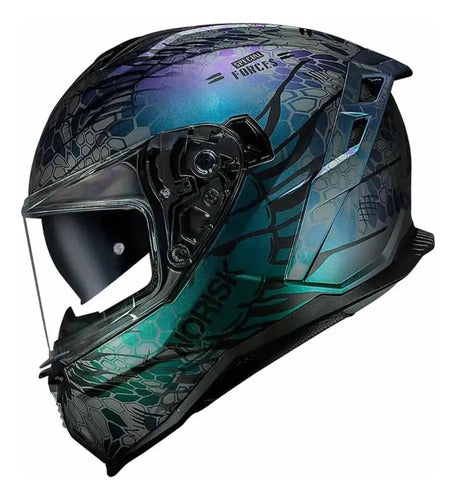Capacete Norisk Strada II Cobra com Óculos Solar Interno Azul Verde Roxo Brilhante