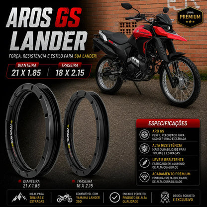 Par de Aros de Roda GS Monaco Yamaha Lander 250 2018 em diante 1.85x21 e 2.15x18 Preto Brilhante